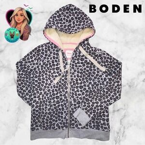 Boden Jacket Womens M 10 Leopard Sherpa Lined Zip Up Hoodie Gray Warm Cozy Fuzzy